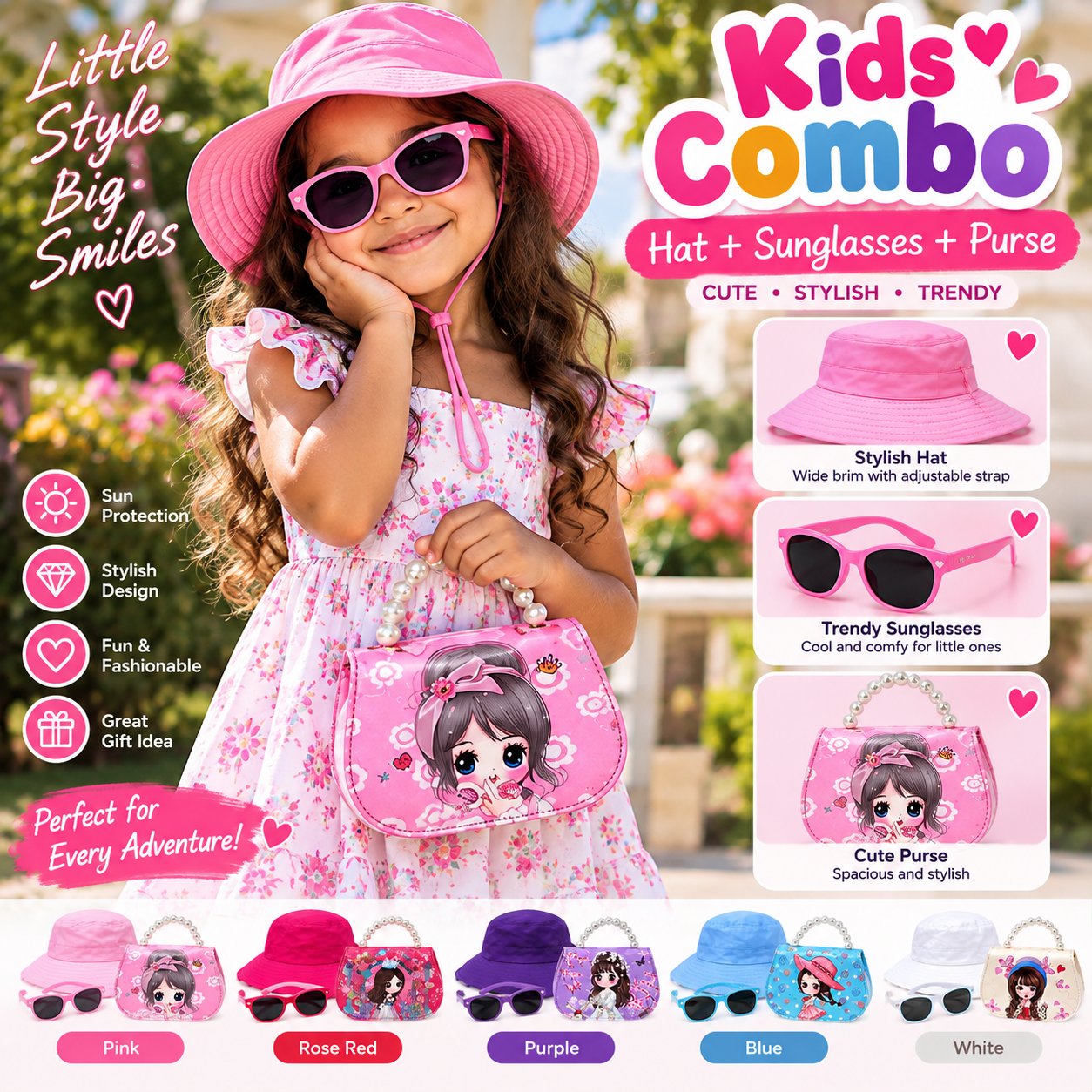 Kids 3-Piece Summer Hat, Sunglasses & Purse Combo 2