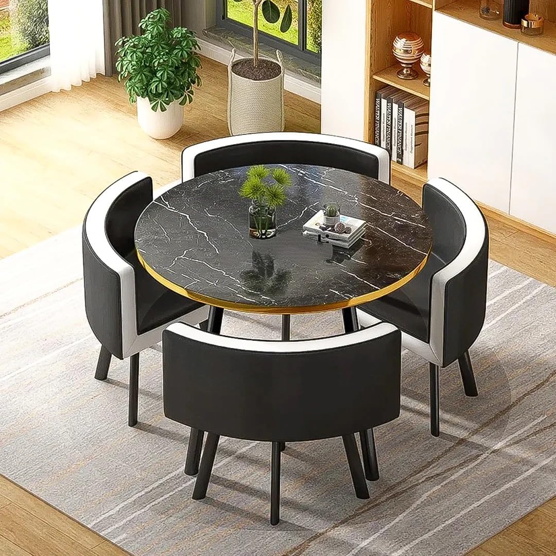 Modern Nordic Round Dining Table Set – 5pc Marble Look MDF Table with 4 PU Leather Chairs (Light Blue/White) 2