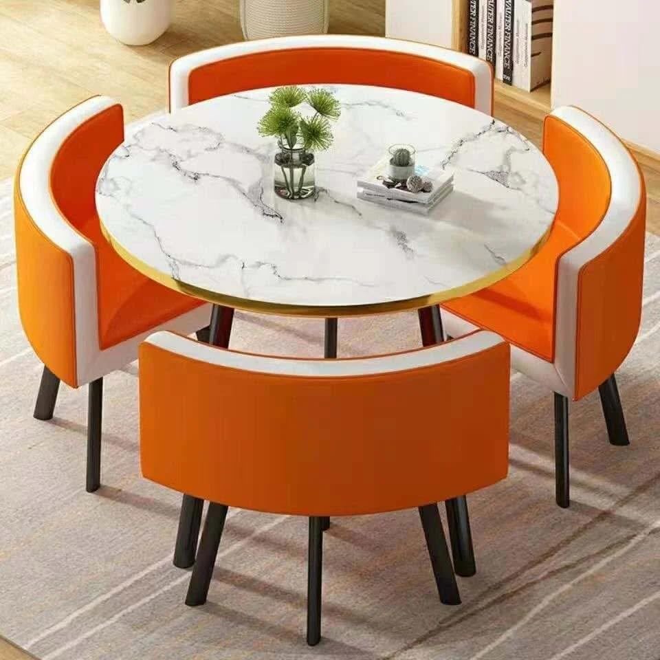 Modern Nordic Round Dining Table Set – 5pc Marble Look MDF Table with 4 PU Leather Chairs (Light Blue/White) 3