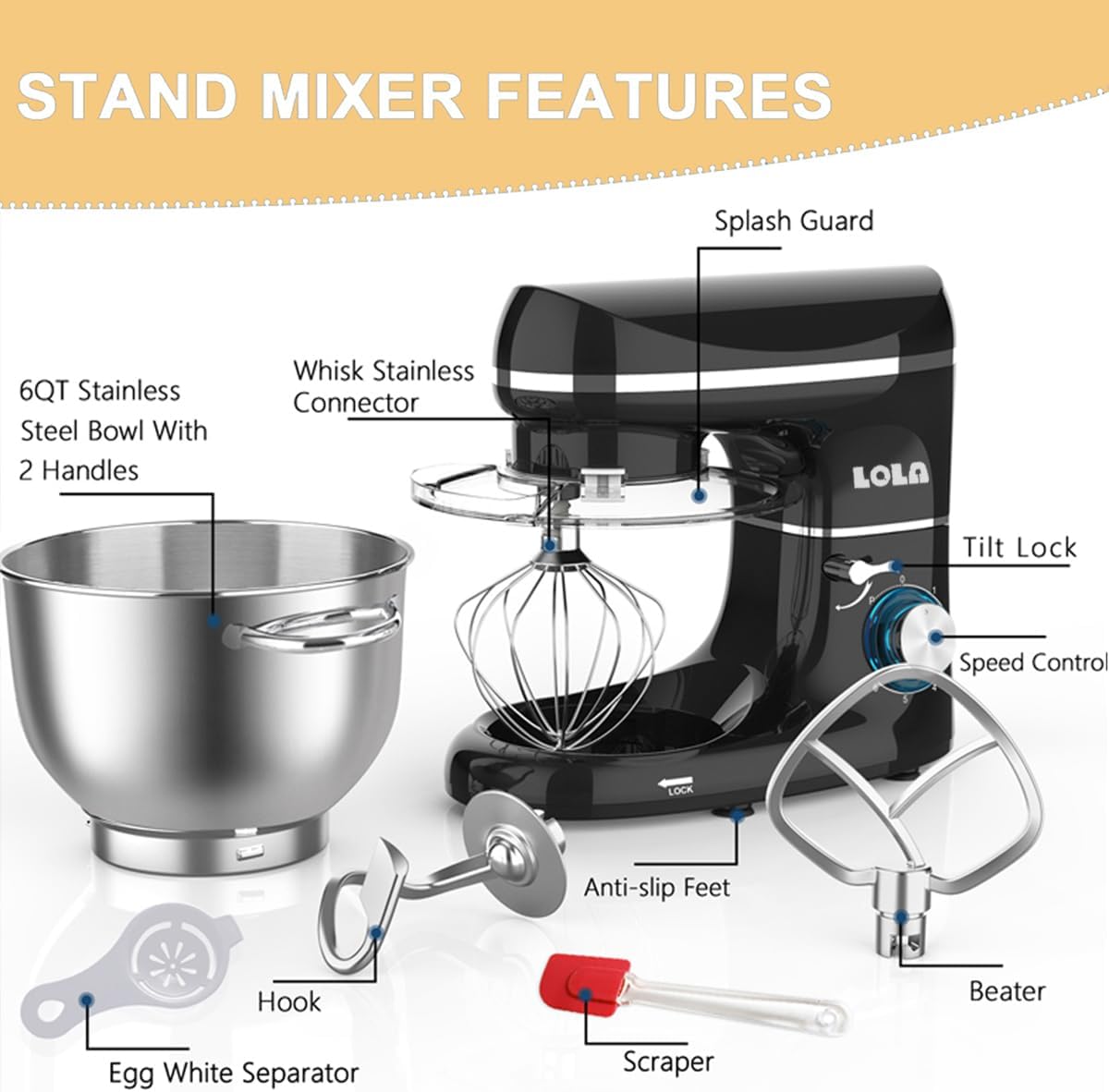 Lola 5.5L Stand Mixer, 1100W, 6 Speeds with Stainless Steel Bowl 3