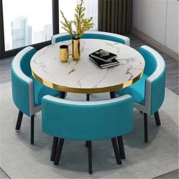 Modern Nordic Round Dining Table Set – 5pc Marble Look MDF Table with 4 PU Leather Chairs (Light Blue/White) 1